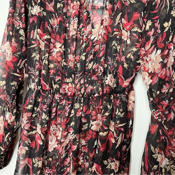 O.P.T. Long Puff Sleeve Floral Cinched Waist V Neck Sheer Maxi Dress Small NWT - Picture 7 of 12